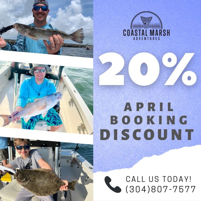 🎣 𝐋𝐀𝐒𝐓 𝐂𝐇𝐀𝐍𝐂𝐄! 🎣

May is right around the corner, so if you want to save 20% on your next fishing charter, use coupon code 𝐀𝐏𝐑𝟐𝟎 at CoastalMarshCharters.com when booking during the month of April to save. In other words, you can book a trip for July or any other month during the year, but the code has to be applied in April. Click the link in our bio to book your next trip with us!